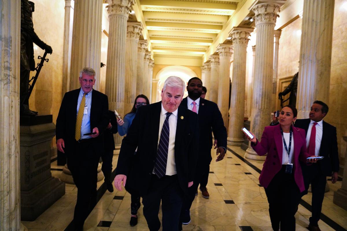 U.S. Rep.-elect Rep. Tom Emmer (R-Minn.) talks to reporters as he leaves his office at the U.S. Capitol Building in Washington, on Jan. 5, 2023. (Nathan Howard/Getty Images)