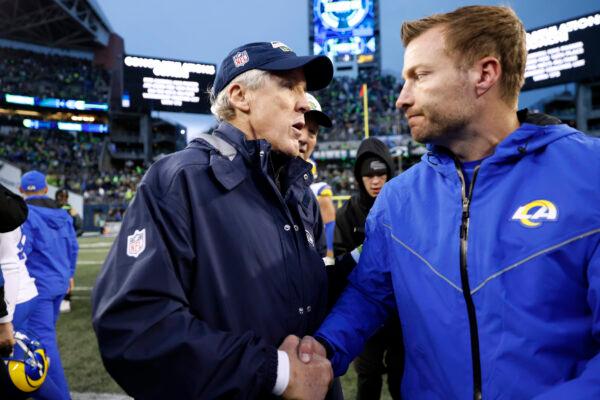 Head coach Pete Carroll (L) of the Seattle Seahawks shakes hands with head coach Sean McVay (R) of the Los Angeles Rams after their game at Lumen Field in Seattle on Jan. 8, 2023. (Steph Chambers/Getty Images)