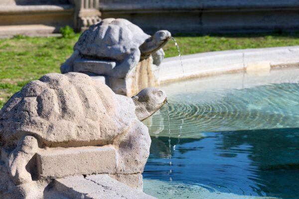 Turtles move in and out of the many fountains. Marine creatures are a part of the gardens, and several fountains, such as these with stone sea turtles, spout water. (Jolanta Wojcicki/Shutterstock)