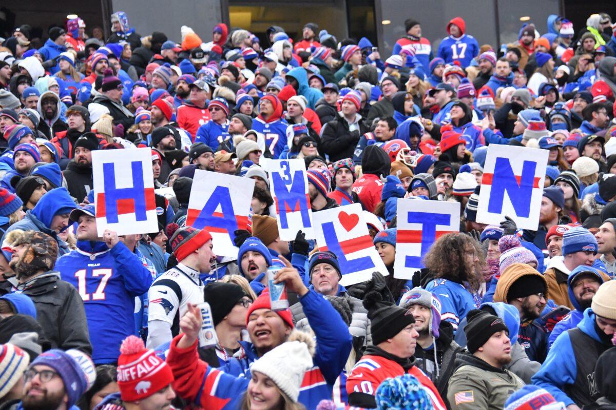 Buffalo Bills fans show support for Damar Hamlin during a game against the New England Patriots at Highmark Stadium Orchard Park, N.Y., on Jan. 8, 2023. (Mark Konezny/USA TODAY Sports via Reuters)