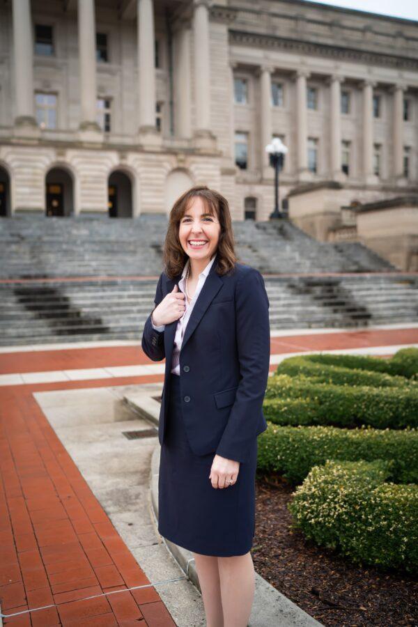 Kentucky state Treasurer Allison Ball in front of the Kentucky state Capitol in Frankfort, Ky., on Dec. 14, 2022. (Joy Spencer for The Epoch Times)