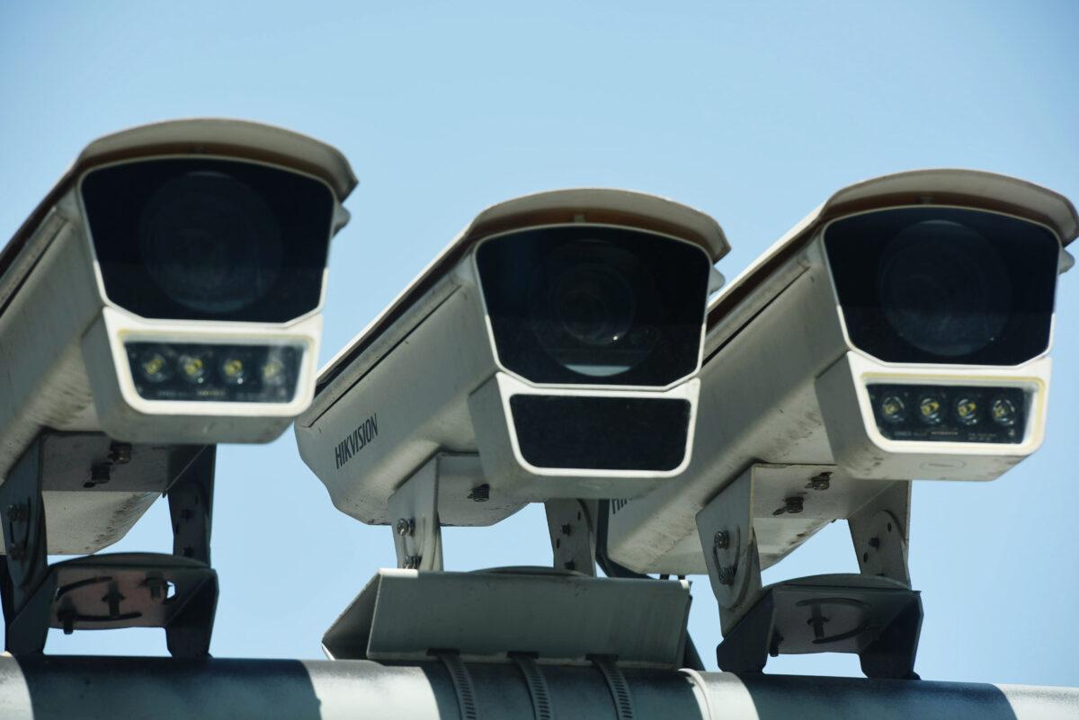 Hikvision surveillance cameras outside the Hikvision headquarters in Hangzhou, in east China's Zhejiang province, on May 22, 2019. (STR/AFP via Getty Images)