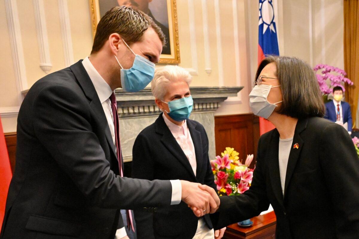 Taiwan's President Tsai Ing-wen (R) greets Johannes Vogel, a member of Germany's parliament, at the presidential office in Taipei, Taiwan, on Jan. 10, 2023. (Sam Yeh/AFP via Getty Images)