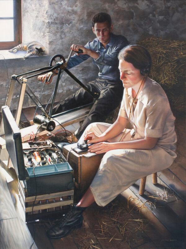 Virginia Hall operated a 111 MKII Radio in 1944 to send intelligence reports in Morse code to the Office of Strategic Services. To generate electricity, the radio was attached to a car battery that was charged by pedaling an upturned bicycle frame. “The Daisies Will Bloom at Night” by Jeffrey W. Bass, 2006. Oil painting. (Public domain)