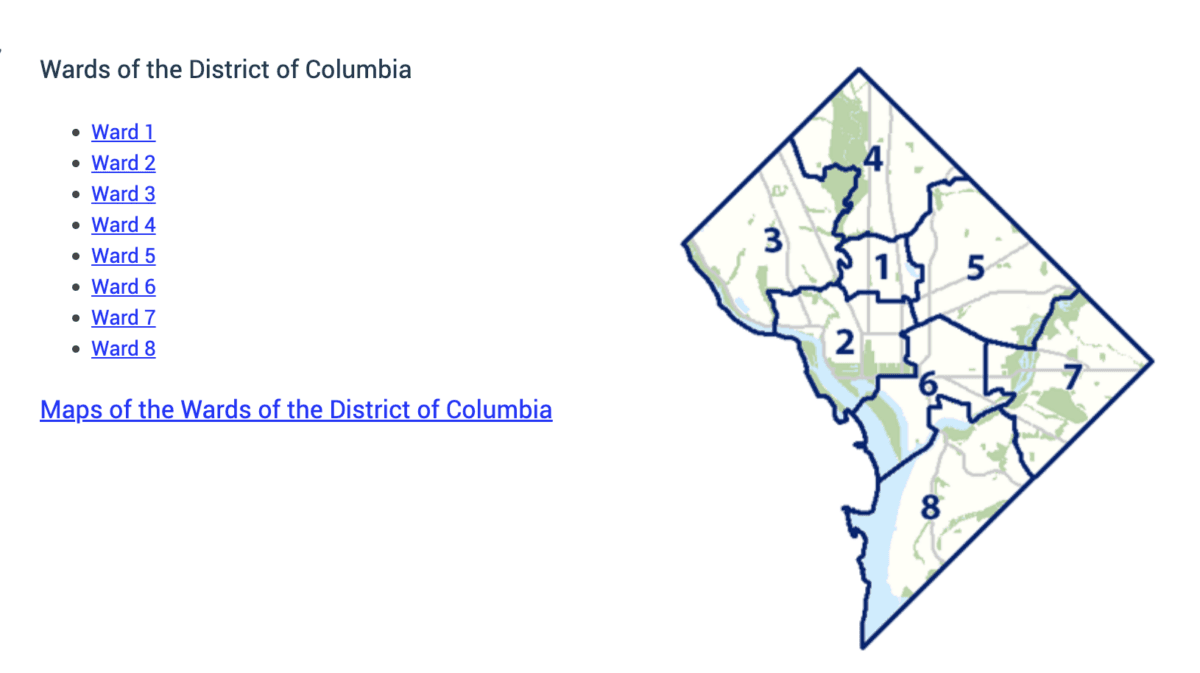 A map of the District of Columbia's eight wards as found on the district's website. (Screenshot/The Epoch Times)