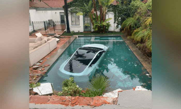 Tesla Crashes Into Pasadena Pool, 3 Occupants Rescued