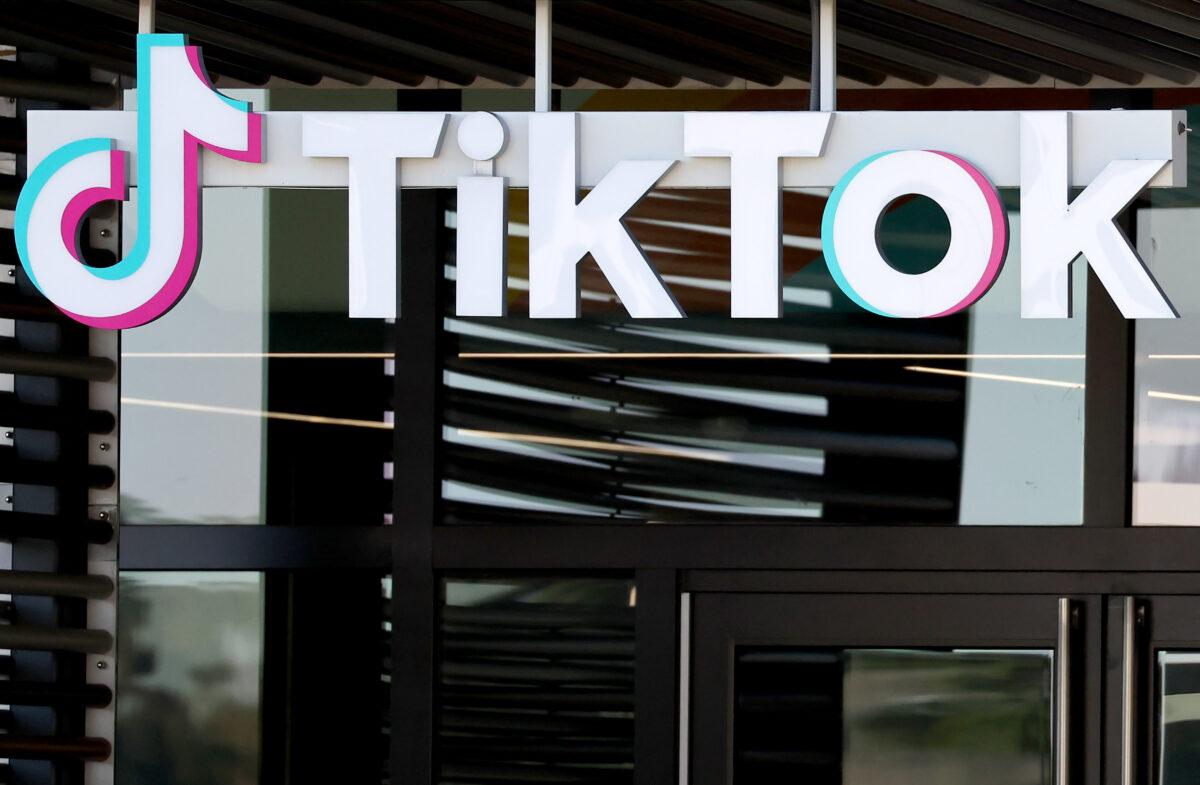 The TikTok logo is displayed at a TikTok office in Culver City, Calif., on Dec. 20, 2022. (Mario Tama/Getty Images)