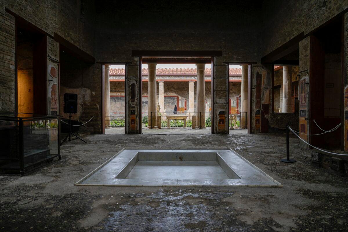 The impluvium, the rain water-catchment pool in the atrium of the Ancient Roman Domus Vettiorum, House of Vettii, in the Pompeii Archeological Park, near Naples, southern Italy, on Dec. 14, 2022. (Andrew Medichini/AP Photo)