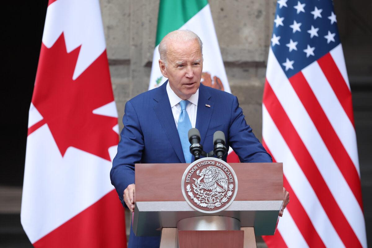 U.S. President Joe Biden speaks during a message for the media as part of the 2023 North American Leaders Summit at Palacio Nacional in Mexico City, Mexico, on Jan. 10, 2023. (Hector Vivas/Getty Images)