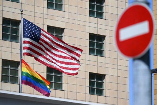 The U.S. flag and a rainbow flag are pictured at the U.S. embassy in Moscow on June 30, 2022. (Natalia Kolesnikova/AFP via Getty Images)