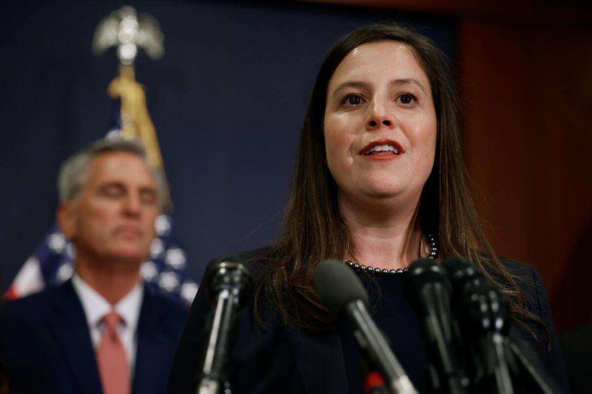 Rep. Elise Stefanik (R-N.Y.) talks to reporters after being reelected as chair of the House Republican Conference in the U.S. Capitol Visitors Center in Washington on Nov. 15, 2022. (Chip Somodevilla/Getty Images)