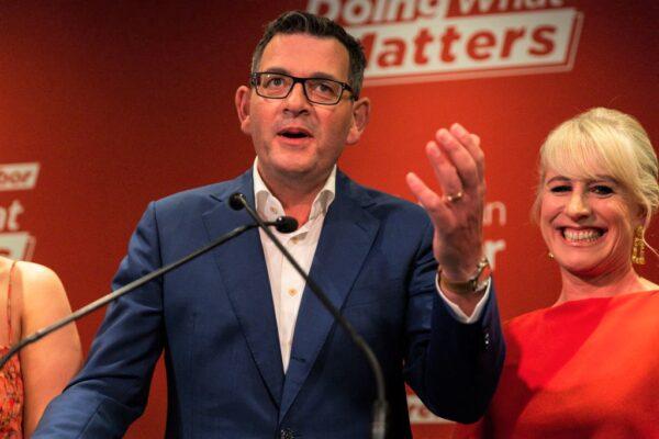 Victorian Premier Daniel Andrews delivers his victory speech at the Labour election party in his seat of Mulgrave in Melbourne, Australia on Nov. 26, 2022. (Asanka Ratnayake/Getty Images)