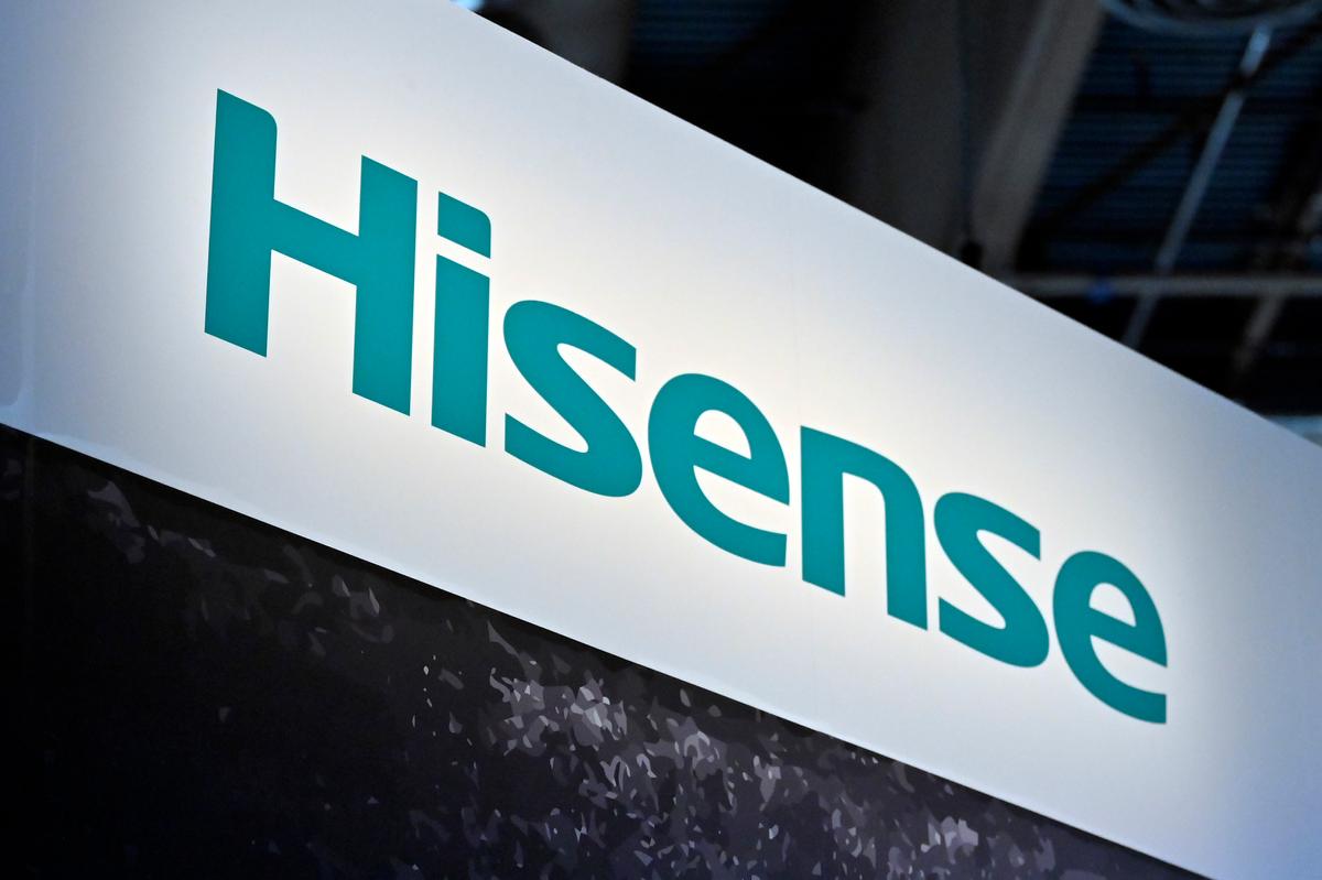 The company sign for Hisense appliance and electronics manufacturer is displayed at CES 2023 at the Las Vegas Convention Center in Las Vegas, Nev., on Jan. 6, 2023. (David Becker/Getty Images)