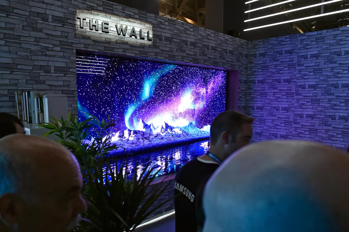 Samsung's The Wall, a 146-inch MicroLED television, is displayed at the Samsung booth during CES 2018 at the Las Vegas Convention Center in Las Vegas, Nev.,