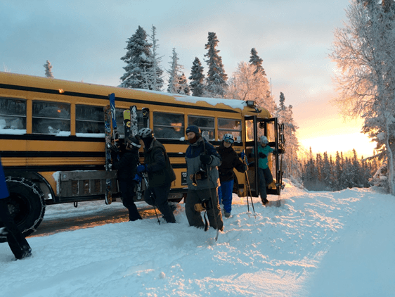 Moseyin' on up to Moose Mountain in style. Moose Mountain uses school buses for ski lifts, thanks to their heaters. (Eric Lucas)