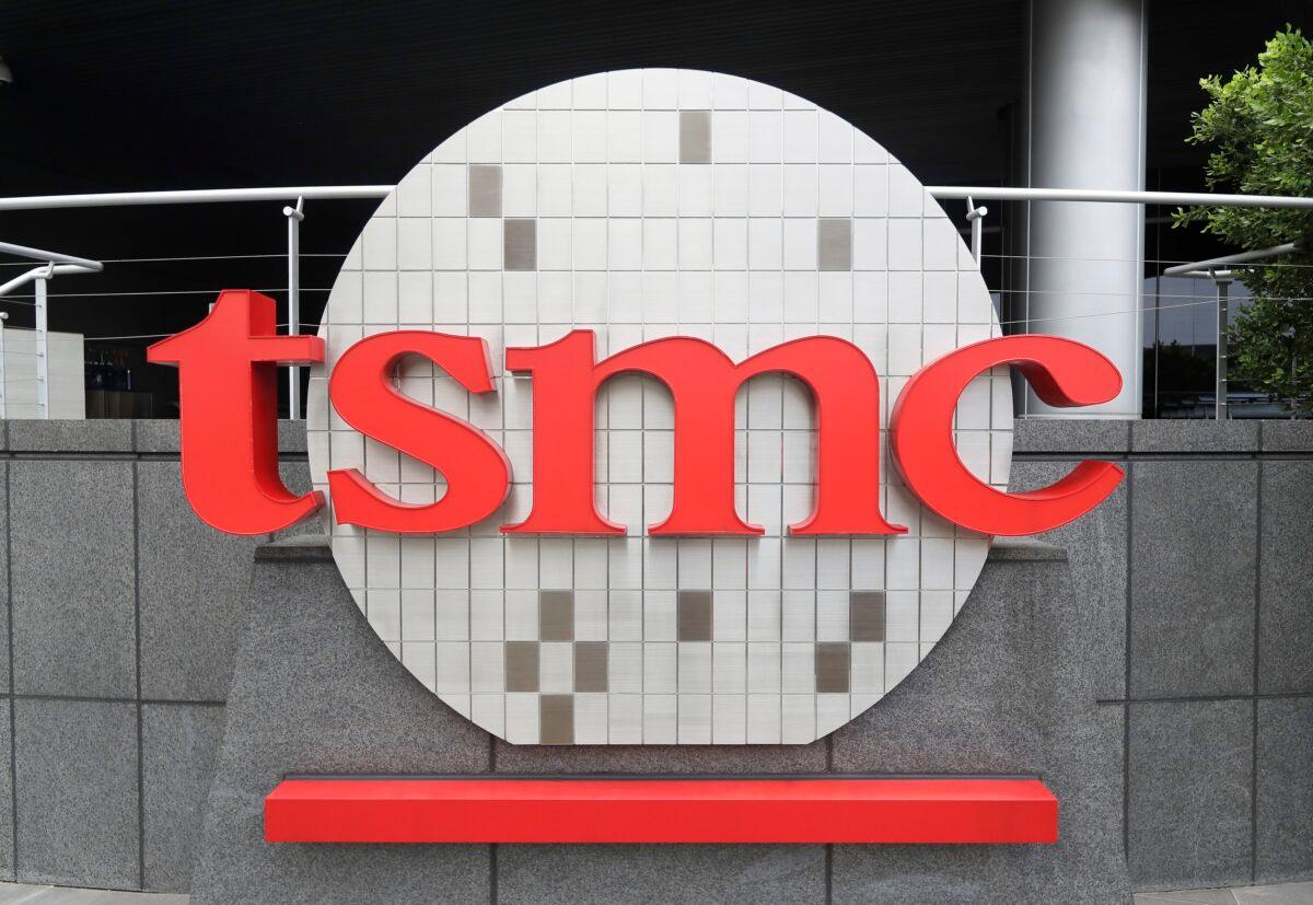 Taiwan Semiconductor Manufacturing Co. Ltd. (TSMC) logo brands the headquarters in Hsinchu, Taiwan, on Oct. 20, 2021. (Chiang Ying-ying/AP Photo)