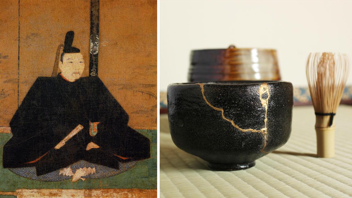 (Left) A portrait of Shōgun Ashikaga Yoshimasa. (<a href="https://commons.wikimedia.org/wiki/File:Ashikaga_Yoshimasa_detail.jpg">Public Domain</a>); (Right) A vessel that was fixed using kintsugi. (Lia_t/Shutterstock)