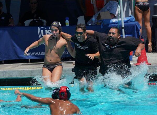 Francisco “Paco” Gonzalez with team members at North Irvine Water Polo Club get 1st place at 2021 USAWP Junior Olympics 14U Men gold medal game. (Courtesy of Catharyn Hayne)