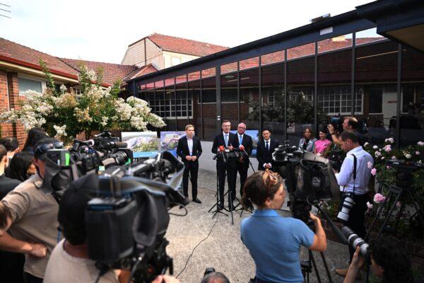 NSW Premier Dominic Perrottet faces the media during a press conference at Ryde Hospital, in Sydney on Jan. 13, 2023. (AAP Image/Dean Lewins)
