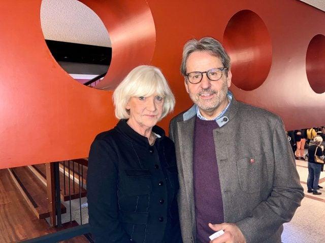 Entrepreneur Gunter Weiss and his wife, Ute, at the Jahrhunderthalle Frankfurt on Jan. 11, 2023. (Nancy McDonnell/The Epoch Times)
