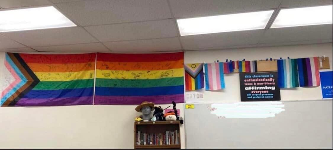 Flags displayed in a classroom at Kamiakin High School in Kennewick, Wash., in 2022. (Courtesy of Gabe Galbraith)