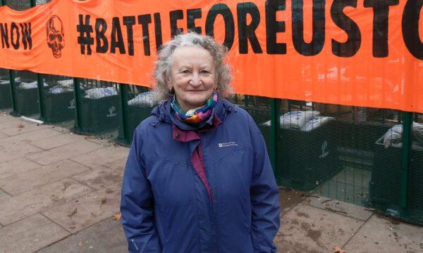 Green Party member Jenny Jones, Baroness Jones of Moulsecoomb, poses for a portrait at the "Stop HS2" camp at Euston Station in London on Jan. 31, 2021. (Hollie Adams/Getty Images)