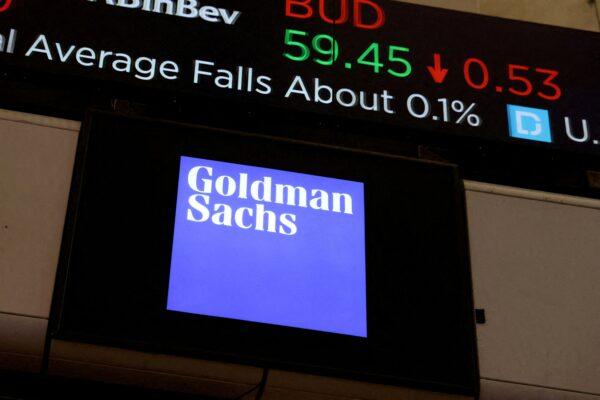 The logo for Goldman Sachs at the New York Stock Exchange (NYSE) in New York on Nov. 17, 2021. (Andrew Kelly/Reuters)