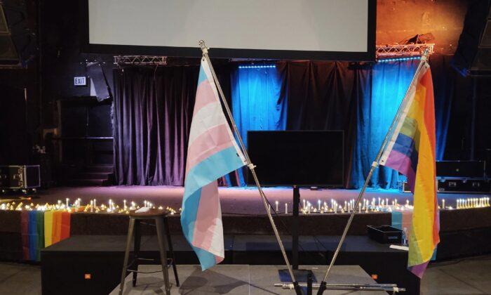 Flags are displayed at Transgender Day of Remembrance at Uptown Theater in Richland, Wash., on Nov. 20, 2021. (Courtesy of PFLAG Benton Franklin)