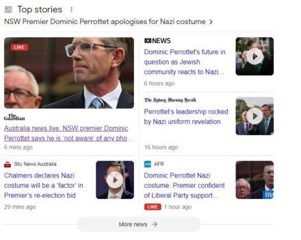 Screenshot of Google search results on Jan. 13, 2023, for news stories on New South Wales Premier Dominic Perrottet wearing a Nazi uniform to a fancy dress party almost two decades ago. (Google Search/The Epoch Times)