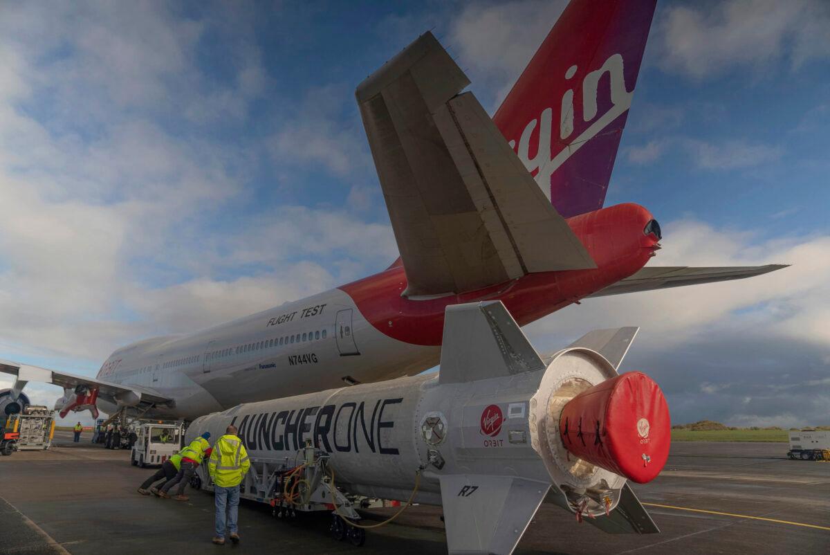 Virgin Atlantic Cosmic Girl, a repurposed Virgin Atlantic Boeing 747 aircraft that will carry a rocket, is parked at Spaceport Cornwall, at Cornwall Airport in Newquay, England, in an undated photo provided on Jan. 9, 2023. (Virgin Orbit via AP)