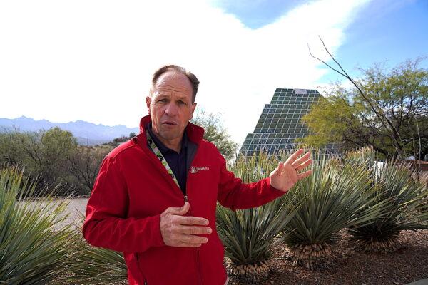 Biosphere 2 Deputy Director John Adams discusses the many research projects at the 40-acre complex in Oracle, Ariz., on Jan. 11, 2023. (Allan Stein/The Epoch Times)