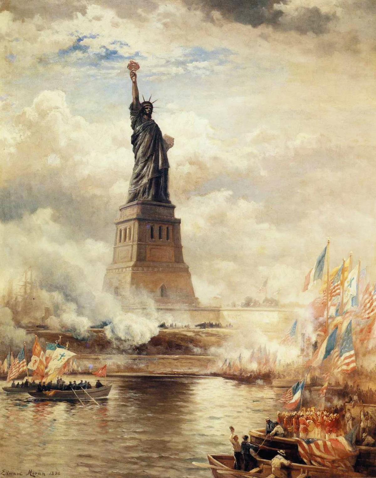 In 1886, thousands of spectators gathered in boats near Bedloe's Island for the dedication of the statue. "Unveiling the Statue of Liberty Enlightening the World," 1886, by Edward Moran. Oil on canvas. Museum of the City of New York, N.Y.  (Public Domain)
