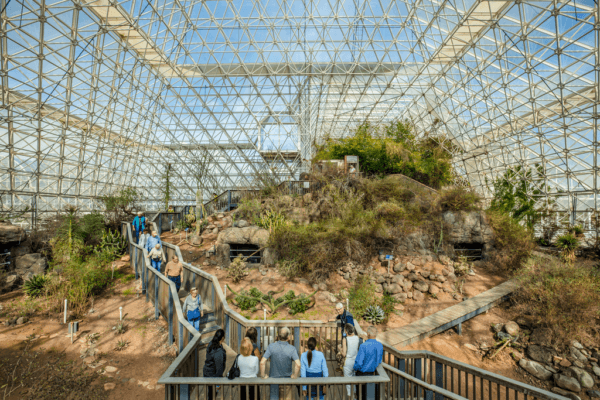Visitors explore Biosphere 2's desert biome. (Courtesy of Steven Meckler)