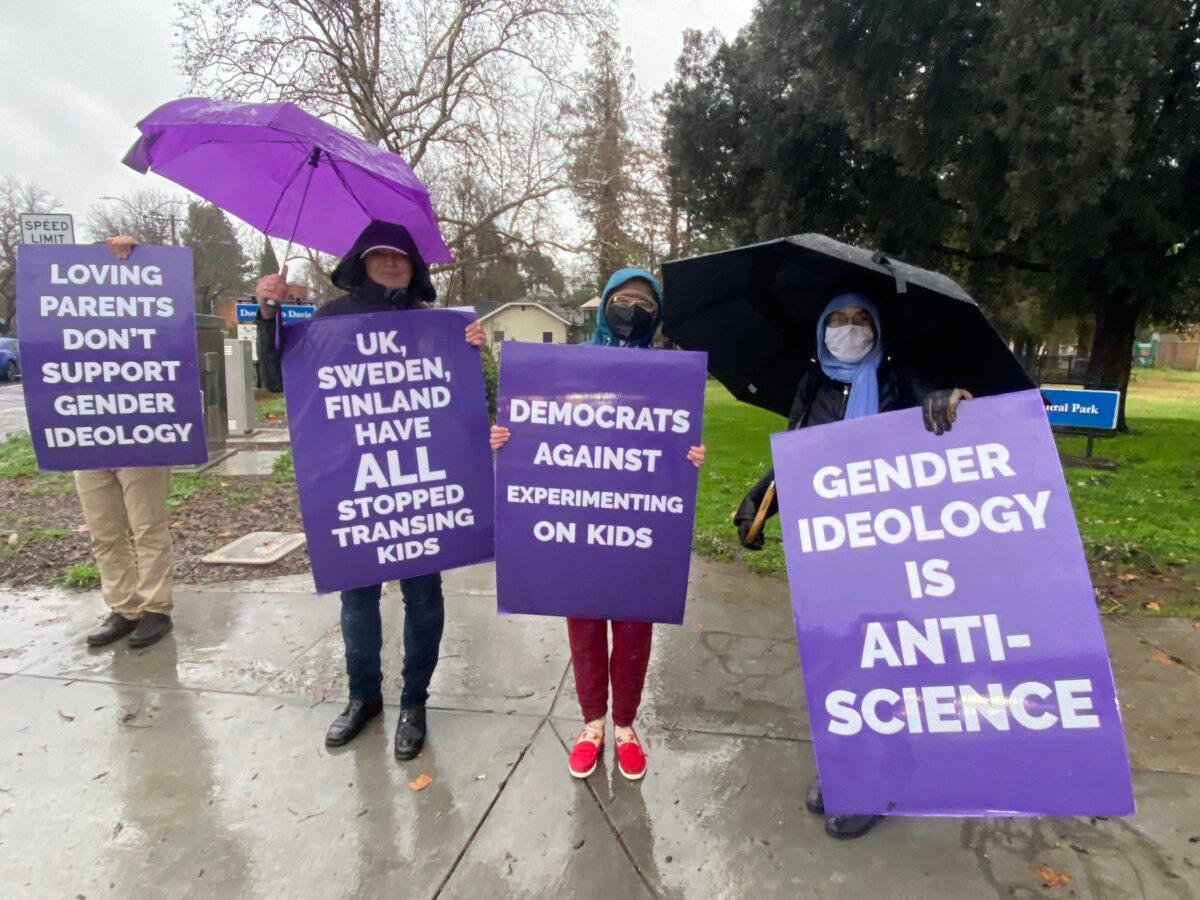 Parents protest outside the Davis Joint Unified School District offices over a talk featuring Rachel Pepper, co-author of “The Transgender Child,” in Davis, Calif., on Jan. 11, 2023. (Courtesy of Our Duty)