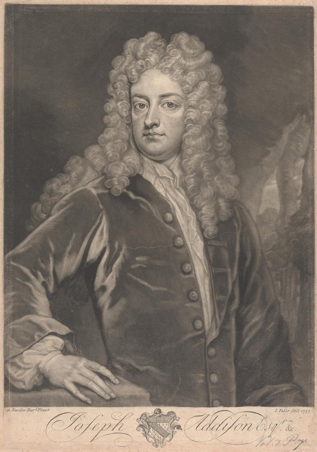 "Joseph Addison Esq.," 1733, by John Faber the Younger and Sir Godfrey Kneller. Mezzotint on medium, slightly textured, beige, laid paper. Yale Center for British Art, New Haven, Conn. (Public Domain)