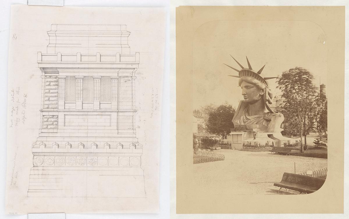 The image on the left is an architectural drawing of the pedestal for the Statue of Liberty, 1882, by Richard Morris Hunt. Graphite on tracing paper. Library of Congress. (Public Domain) The image on the right shows the head (R) of the Statue of Liberty on display at Champ-de-Mars, Exposition Universelle, Paris, 1878. Library of Congress. (Public Domain)