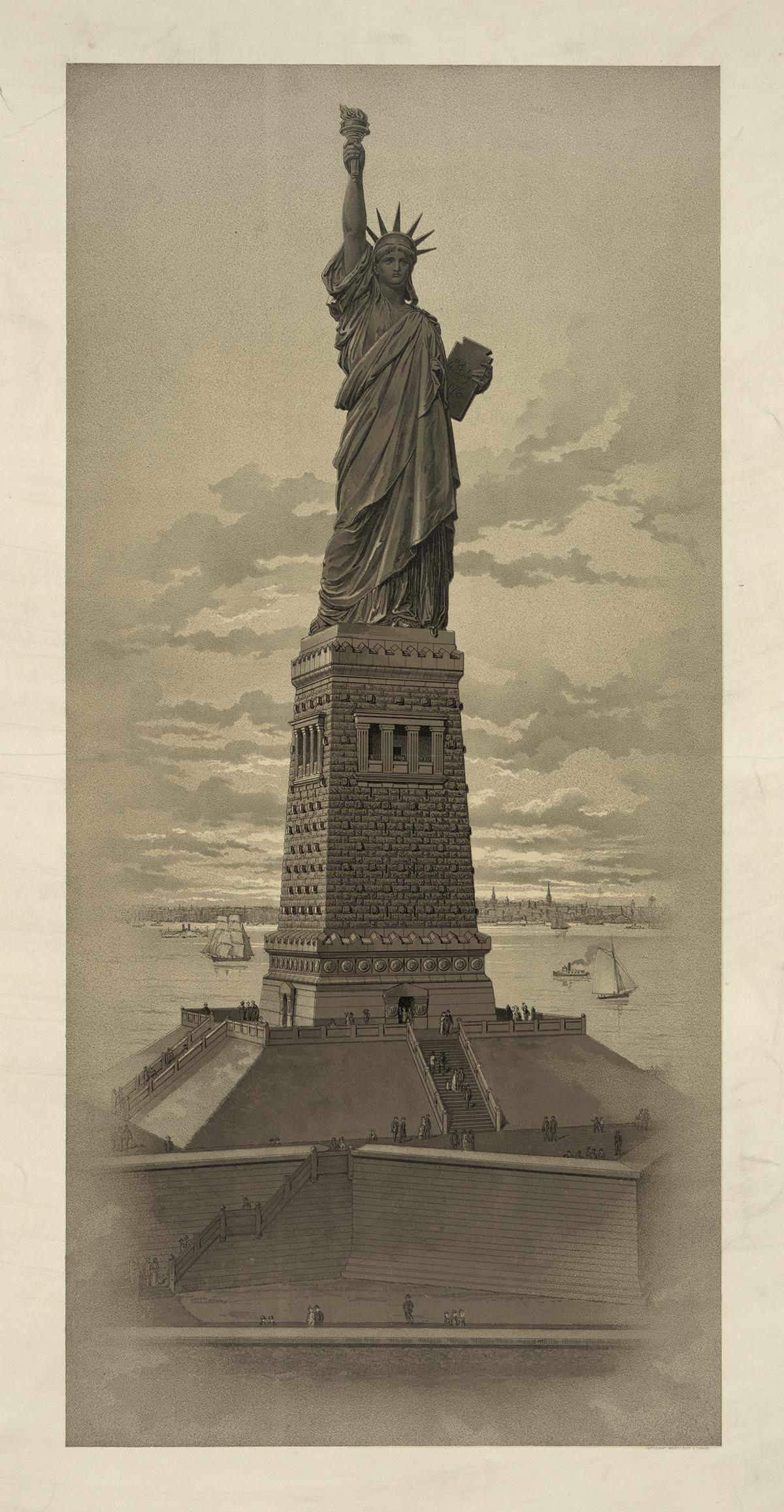 The 151-foot-tall bronze neoclassical statue has stood on its pedestal overlooking New York’s harbor since 1886. Drawing and design of the Statue of Liberty, 1884. Library of Congress. (Public Domain)