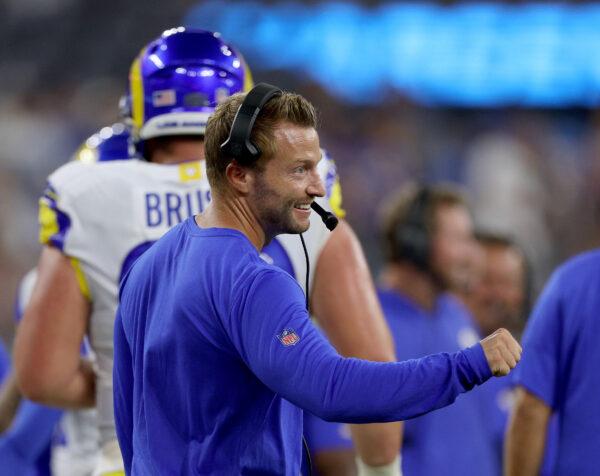 Head coach Sean McVay of the Los Angeles Rams reacts to a touchdown from wide receiver Lance McCutcheon (82), to take a 29–22 lead over the Los Angeles Chargers during a preseason game at SoFi Stadium in Inglewood, Calif., on Aug. 13, 2022. (Harry How/Getty Images)