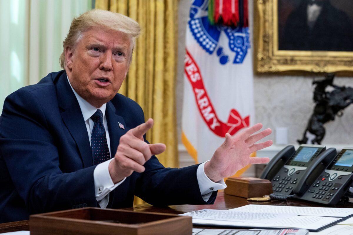 Then-President Donald Trump speaks in the Oval Office before signing an executive order related to regulating social media, in Washington, on May 28, 2020. (Doug Mills-Pool/Getty Images)