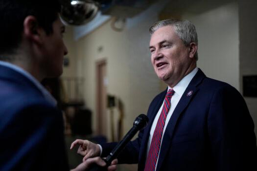 Rep. James Comer (R-Ky.), chairman of the House Oversight Committee, speaks to reporters on his way to a closed-door GOP caucus meeting at the U.S. Capitol in Washington on Jan. 10, 2023. (Drew Angerer/Getty Images)