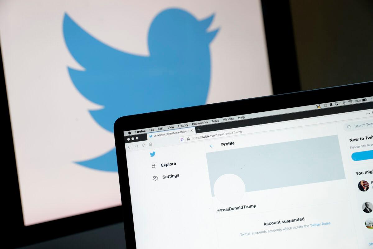 The suspended Twitter account of Donald Trump appears on a laptop screen on Jan. 8, 2021. (Justin Sullivan/Getty Images)