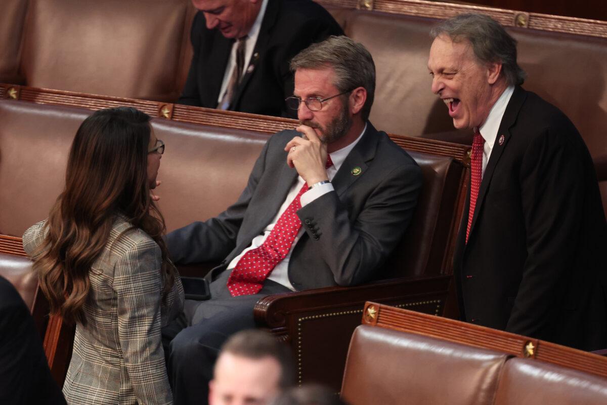 (L-R) Rep.-elect Lauren Boebert (R-Colo.), Rep.-elect Tim Burchett (R-Tenn.), and Rep.-elect Andy Biggs (R-Ariz.) talk during the third day of elections for speaker of the House at the U.S. Capitol on January 5, 2023. (Win McNamee/Getty Images)