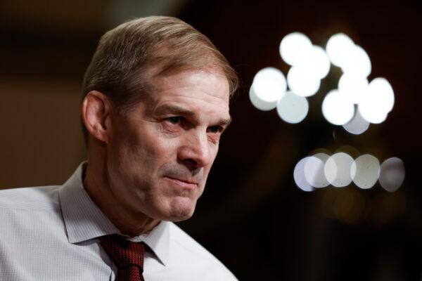 Rep. Jim Jordan (R-Ohio) speaks during an on-camera interview near the House Chambers during a series of votes in the U.S. Capitol Building in Washington on Jan. 09, 2023. (Anna Moneymaker/Getty Images)