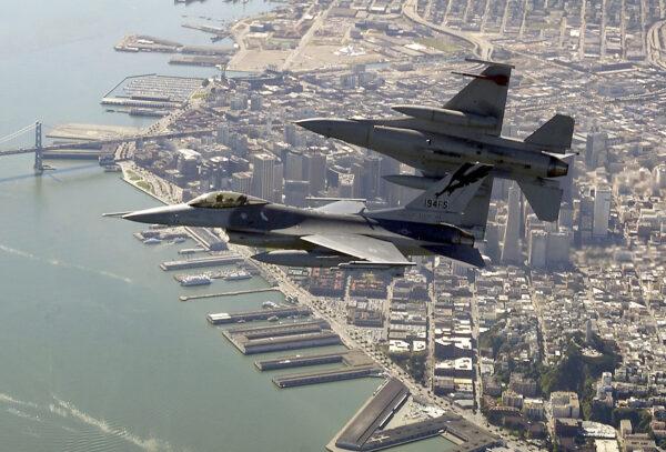 Two F-16s over the San Francisco Bay, Calif., on March 16, 2004. (Lance Cheung/U.S. Air Force via Getty Images)