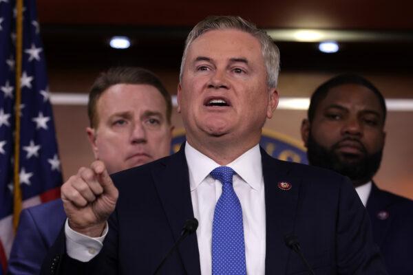 Flanked by House Republicans, Rep. James Comer (R-Ky.) speaks during a news conference at the U.S. Capitol in Washington on Nov. 17, 2022. (Alex Wong/Getty Images)