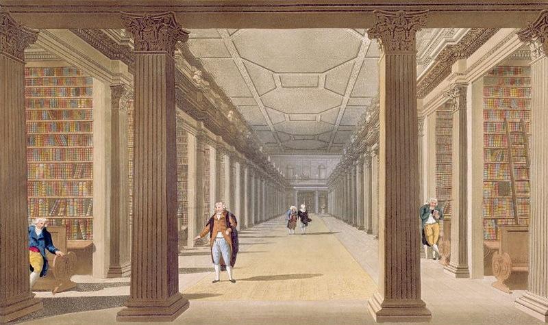 Watercolour of the Long Room before the roof was raised in 1860 to accommodate more books. (<a href="https://commons.wikimedia.org/w/index.php?curid=7375166">Public domain</a>)
