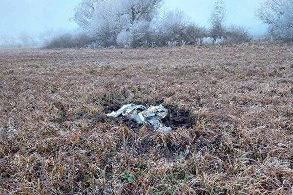 The remains of a missile in a field in the village of Larga, Moldova, on Jan. 14, 2023. (Moldovan Interior Ministry via AP)