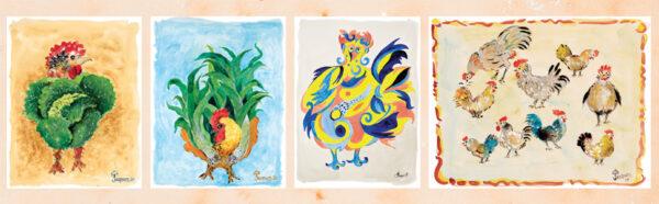 A sampling of paintings by Jacques Pépin in his book "Art of the Chicken." (Harvest)