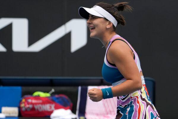 Bianca Andreescu of Canada reacts after winning a point against Marie Bouzkova of the Czech Republic during their first round match at the Australian Open tennis championship in Melbourne, Australia, on Jan. 16, 2023. (Ng Han Guan/AP Photo)