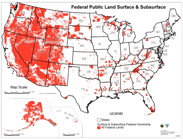 The federal government owns and manages approximately 650 million acres across the United States, nearly 28 percent of the nation's land mass and almost half the surface acreage across 11 contiguous western states. (U.S. Bureau of Land Management)